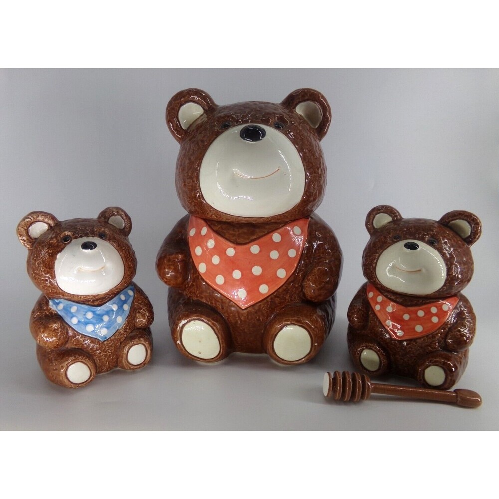 Vintage OTAGIRI Teddy Bear Cookie Jar Piggy Bank honey Set 1983 Rare Japan (24)